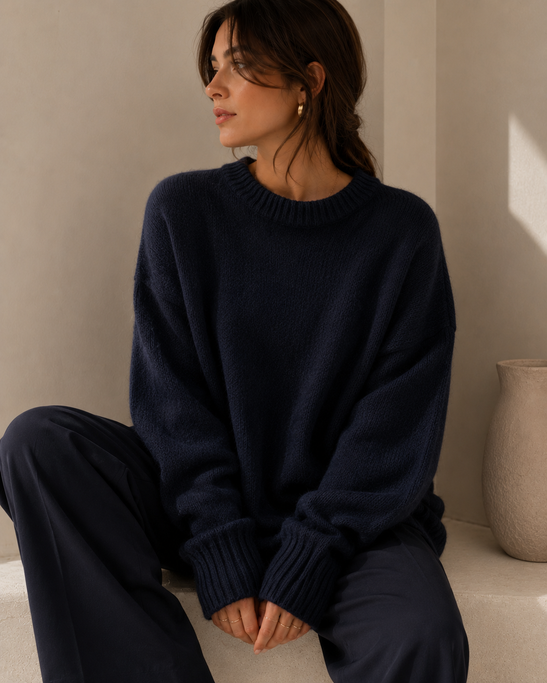 Grå Kashmir Oversized Tröja med Rund Hals