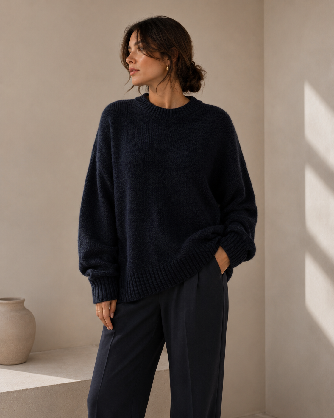 Grå Kashmir Oversized Tröja med Rund Hals