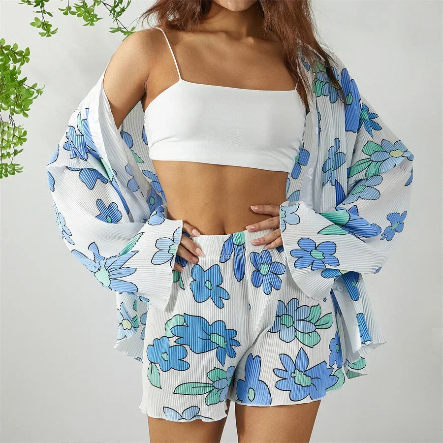 Grön Blommig Matchande Set med Skjorta och Shorts