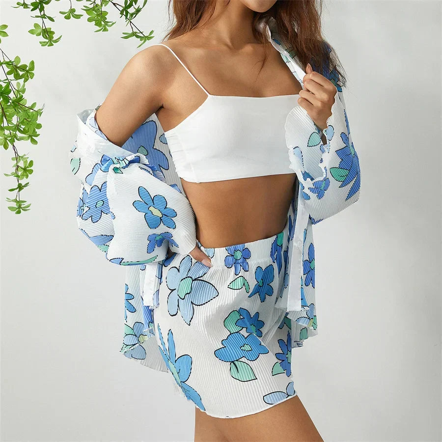 Grön Blommig Matchande Set med Skjorta och Shorts