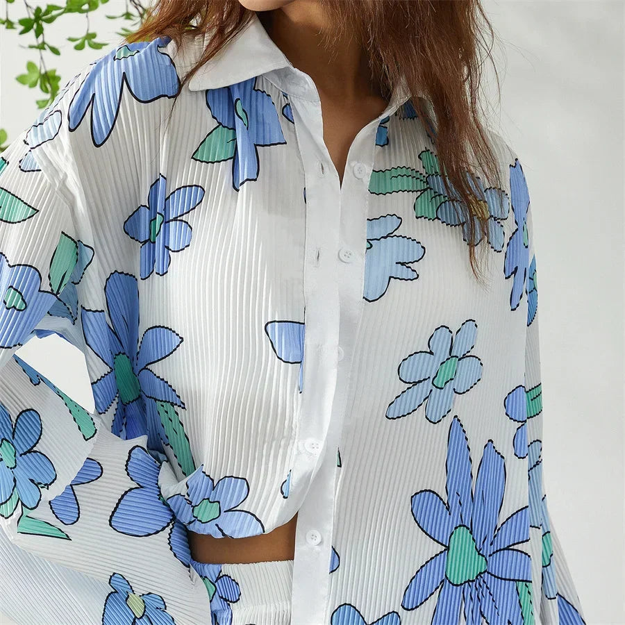 Grön Blommig Matchande Set med Skjorta och Shorts