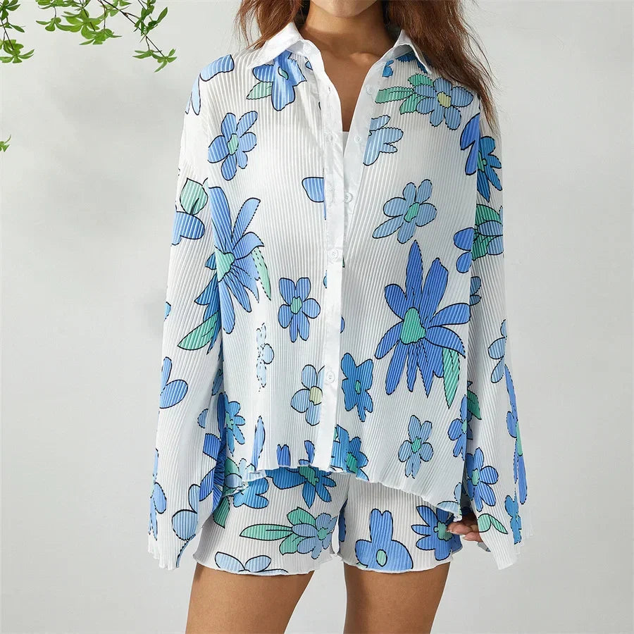 Grön Blommig Matchande Set med Skjorta och Shorts