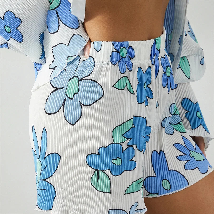 Grön Blommig Matchande Set med Skjorta och Shorts
