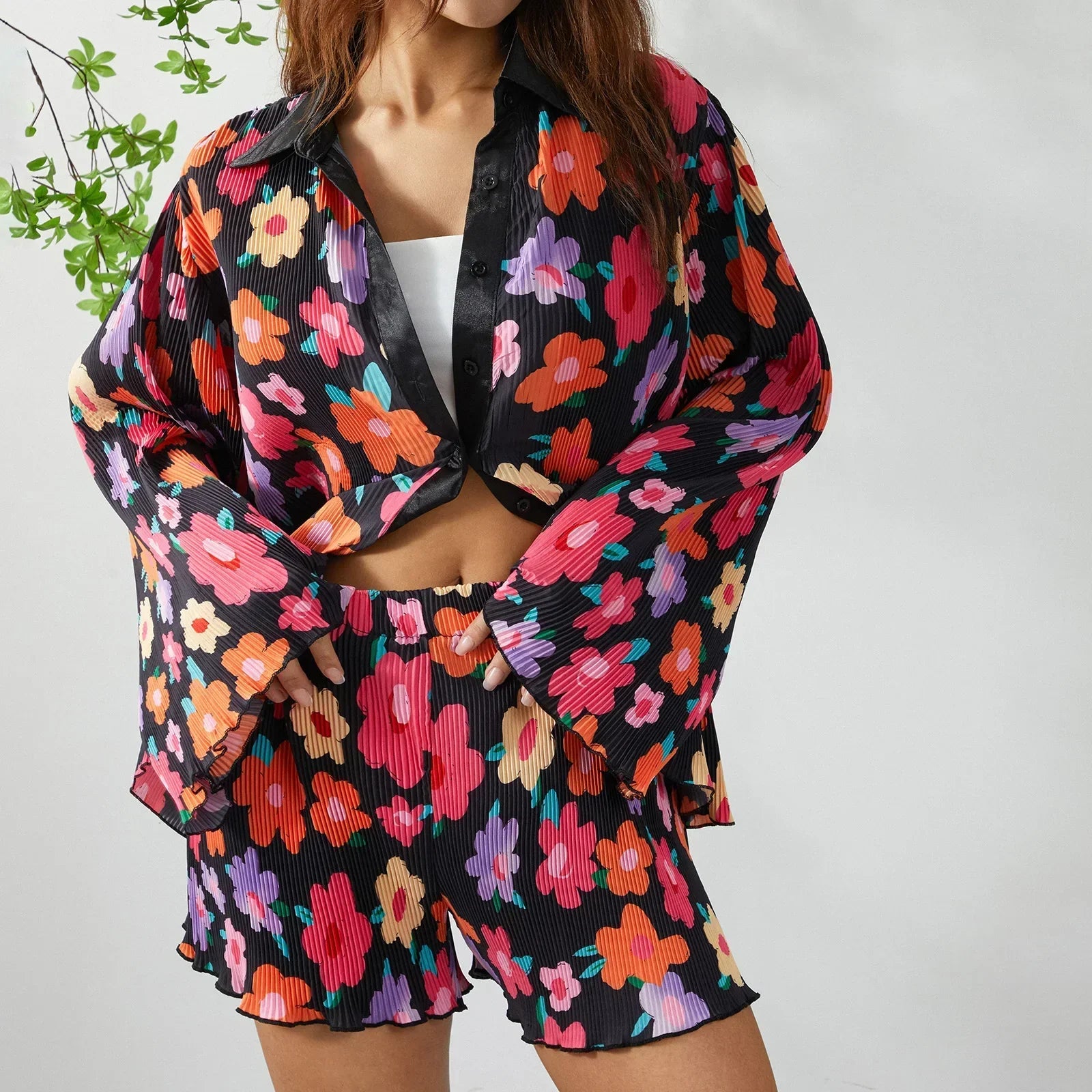 Grön Blommig Matchande Set med Skjorta och Shorts