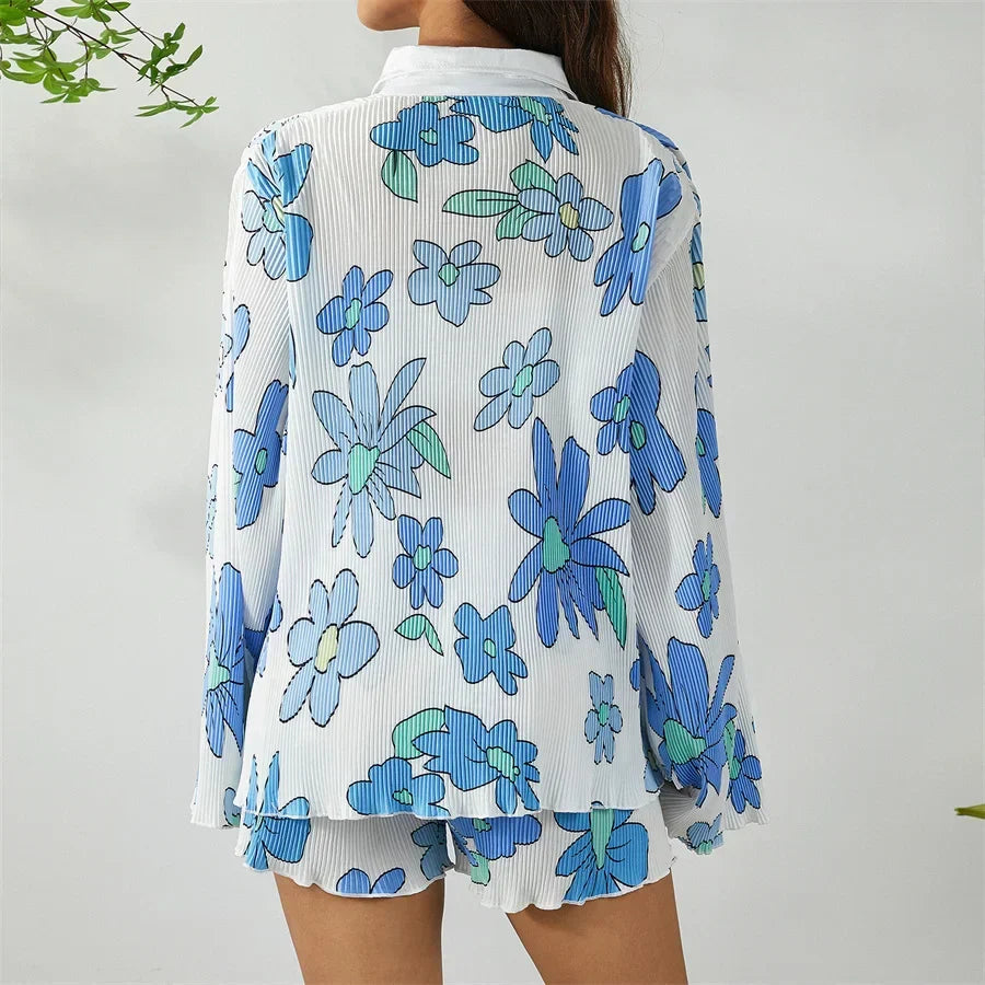 Grön Blommig Matchande Set med Skjorta och Shorts