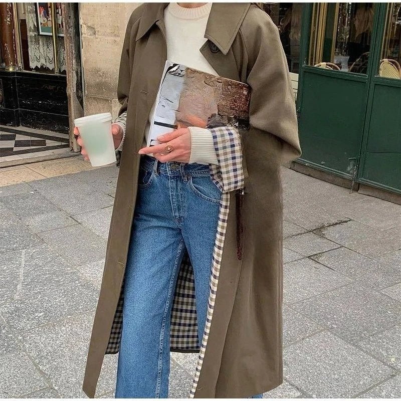 Grön Lång Trenchcoat med Knappar