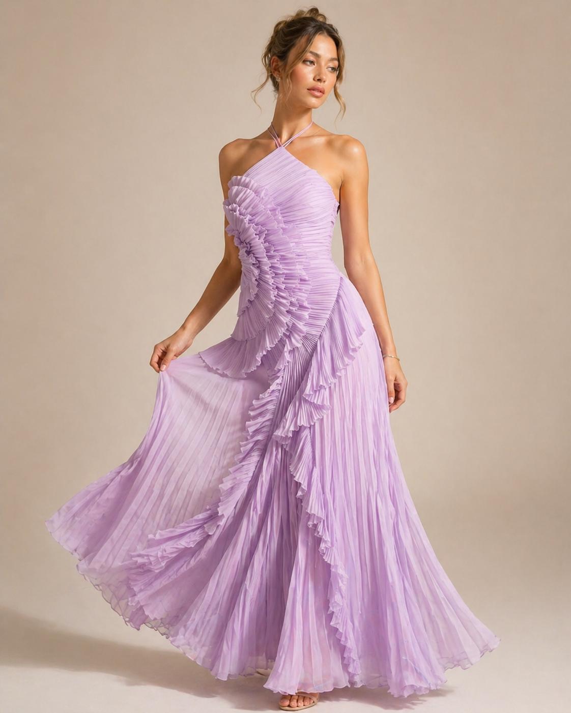 Halterneck Maxiklänning med Volanger och Veck