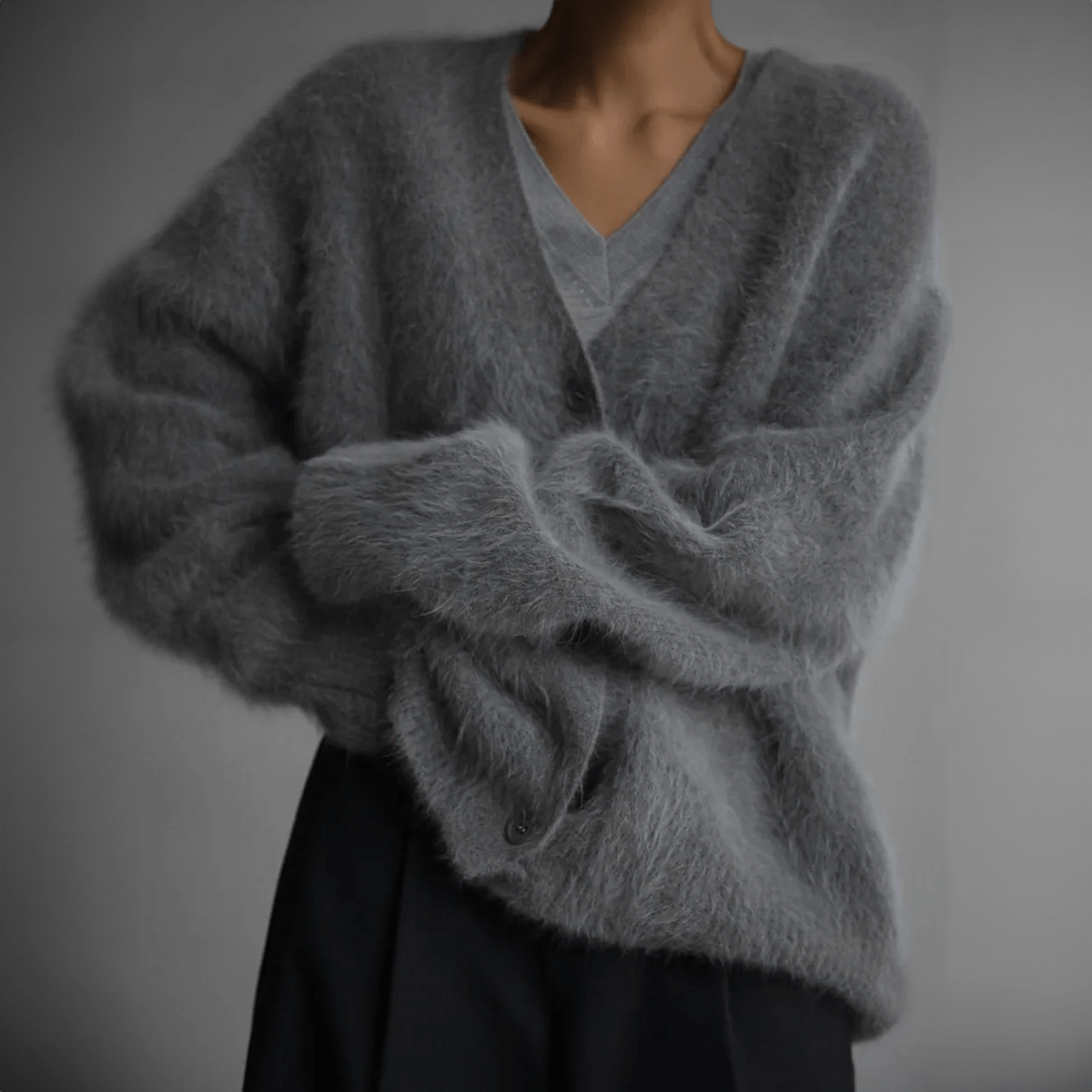Kaffebrun Fluffig Oversized Stickad Kofta med Djup V-ringning
