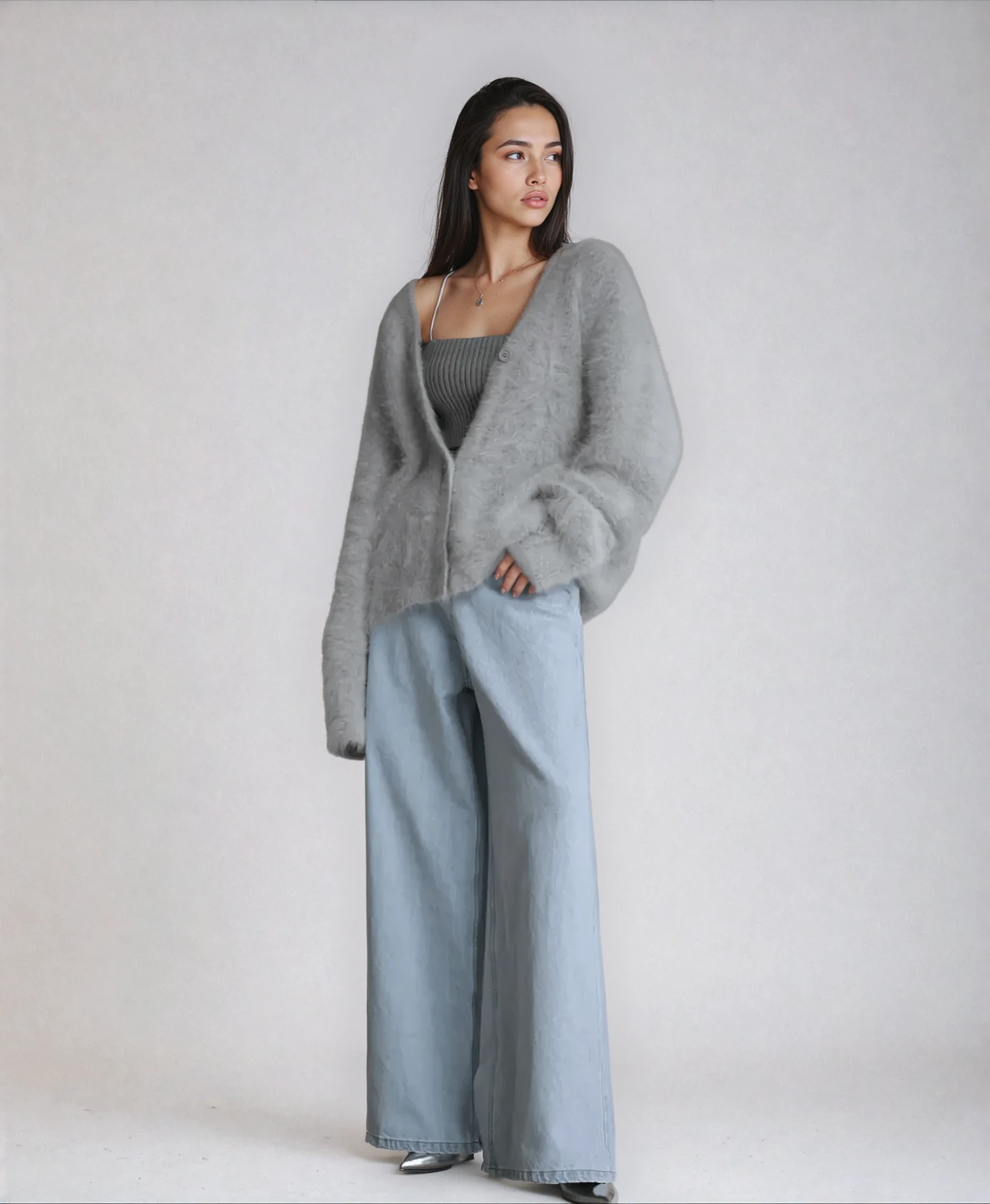 Kaffebrun Fluffig Oversized Stickad Kofta med Djup V-ringning