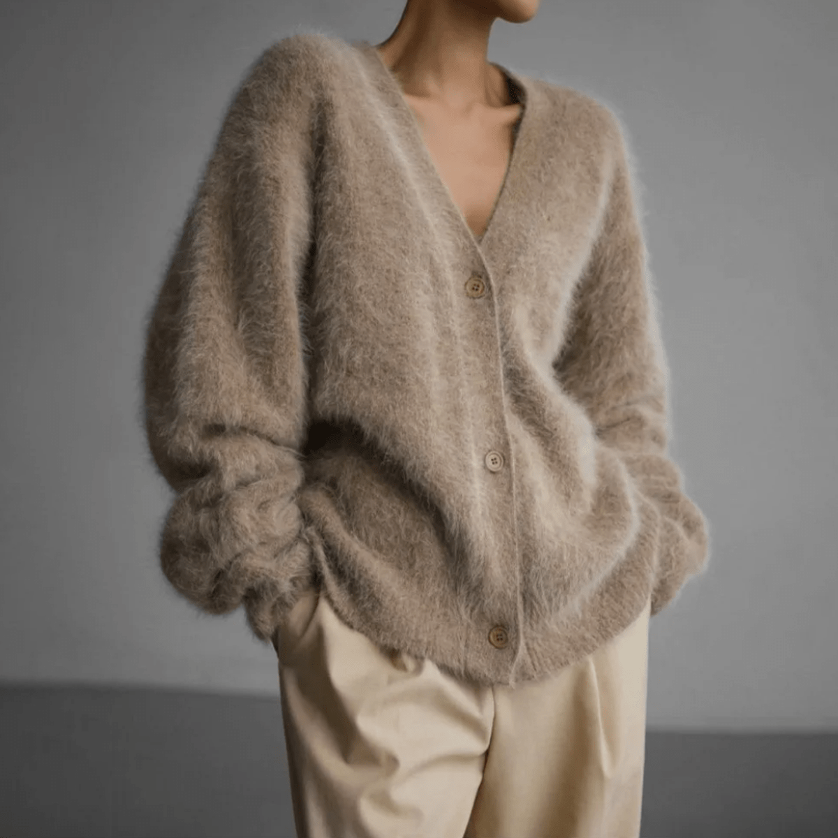 Kaffebrun Fluffig Oversized Stickad Kofta med Djup V-ringning
