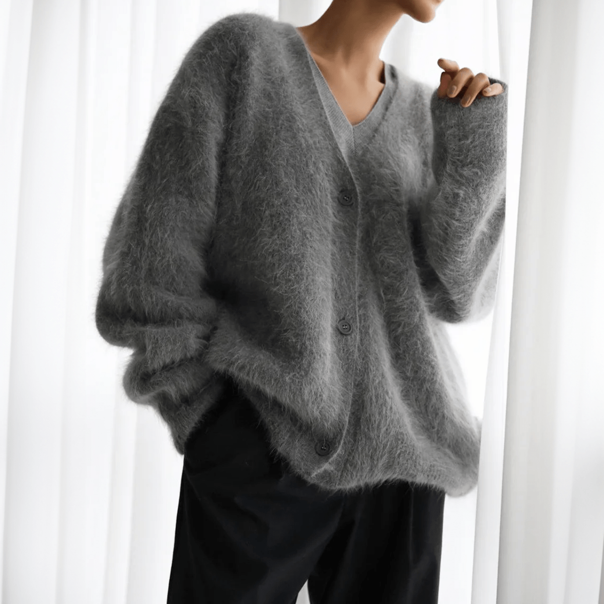 Kaffebrun Fluffig Oversized Stickad Kofta med Djup V-ringning