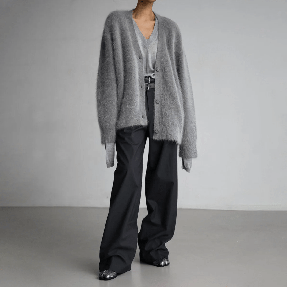 Kaffebrun Fluffig Oversized Stickad Kofta med Djup V-ringning