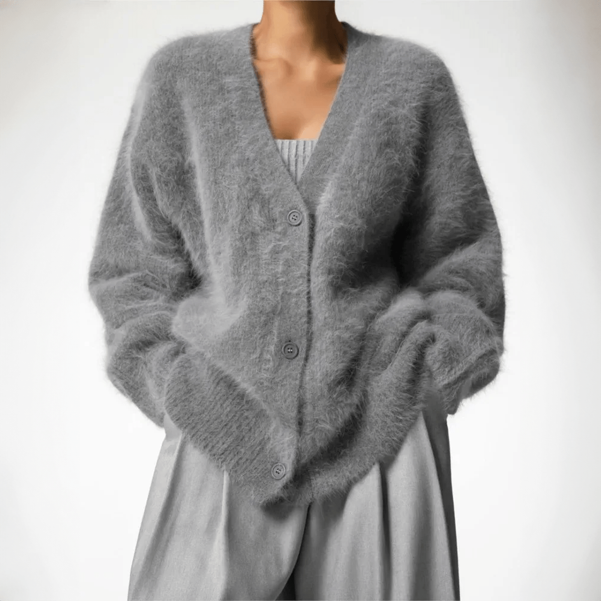 Kaffebrun Fluffig Oversized Stickad Kofta med Djup V-ringning