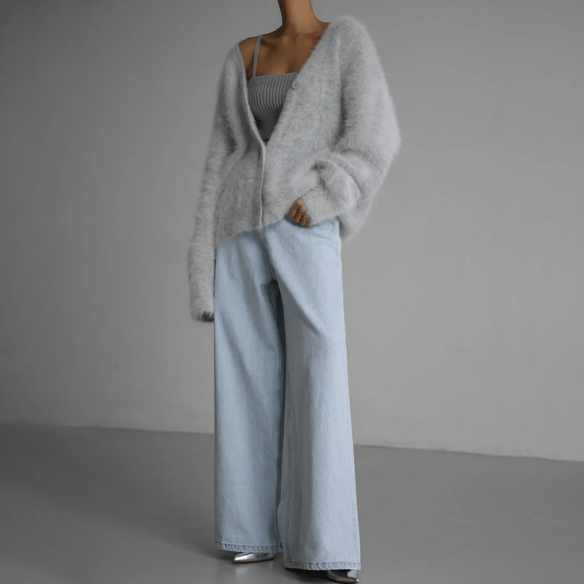 Kaffebrun Fluffig Oversized Stickad Kofta med Djup V-ringning