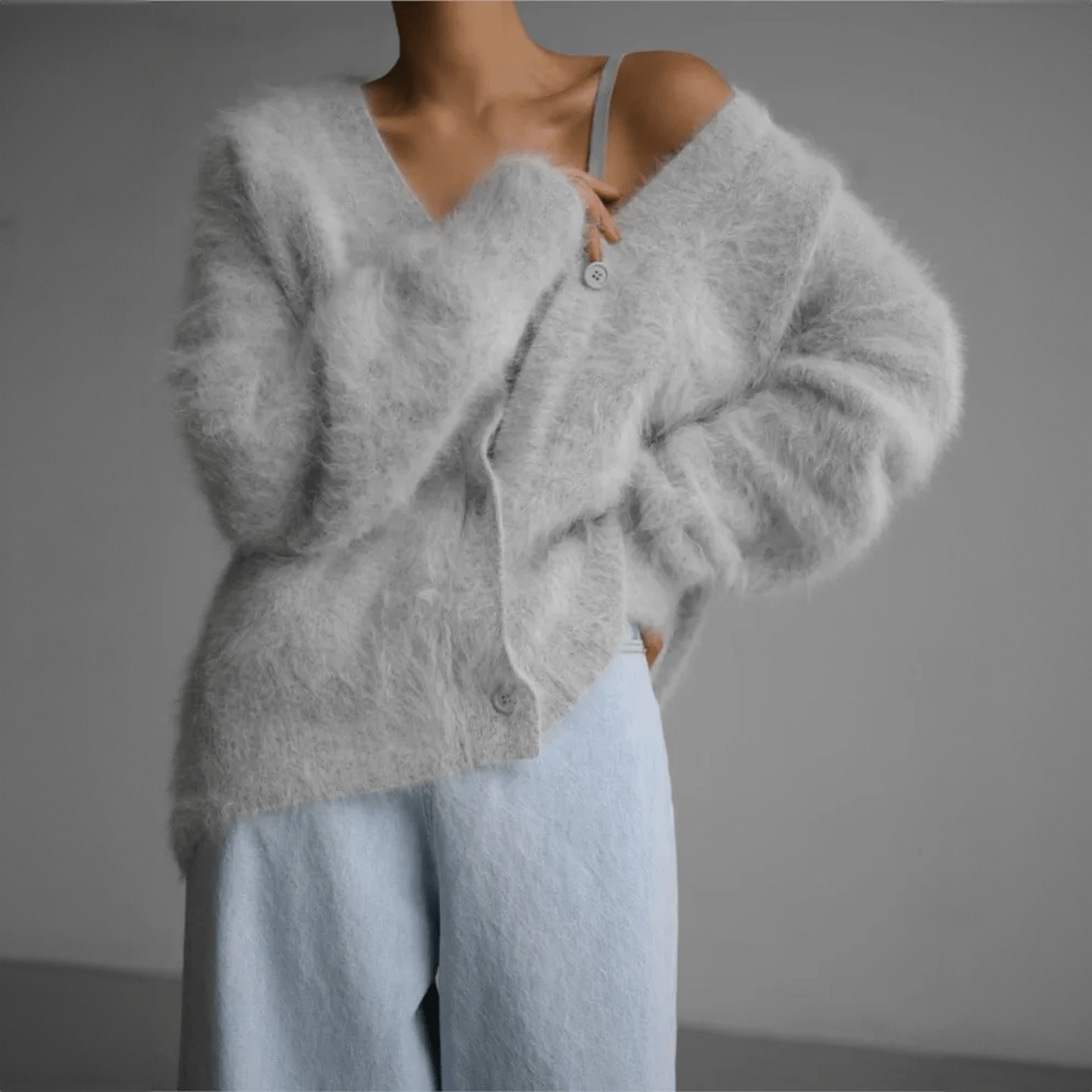 Kaffebrun Fluffig Oversized Stickad Kofta med Djup V-ringning