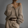 Kaffebrun Fluffig Oversized Stickad Kofta med Djup V-ringning