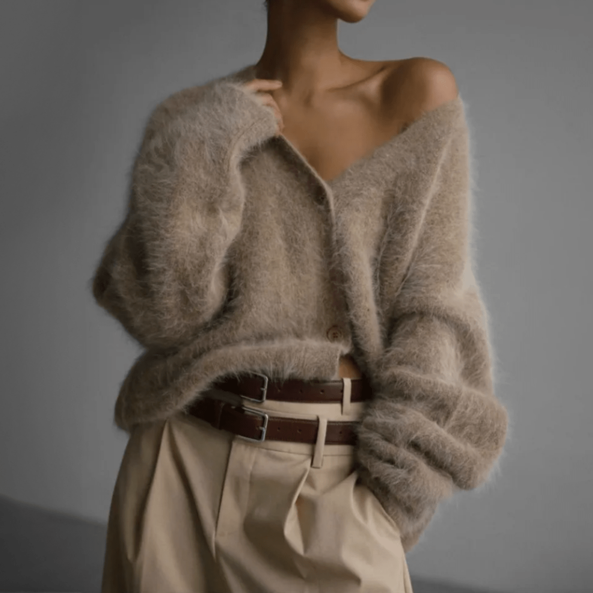 Kaffebrun Fluffig Oversized Stickad Kofta med Djup V-ringning