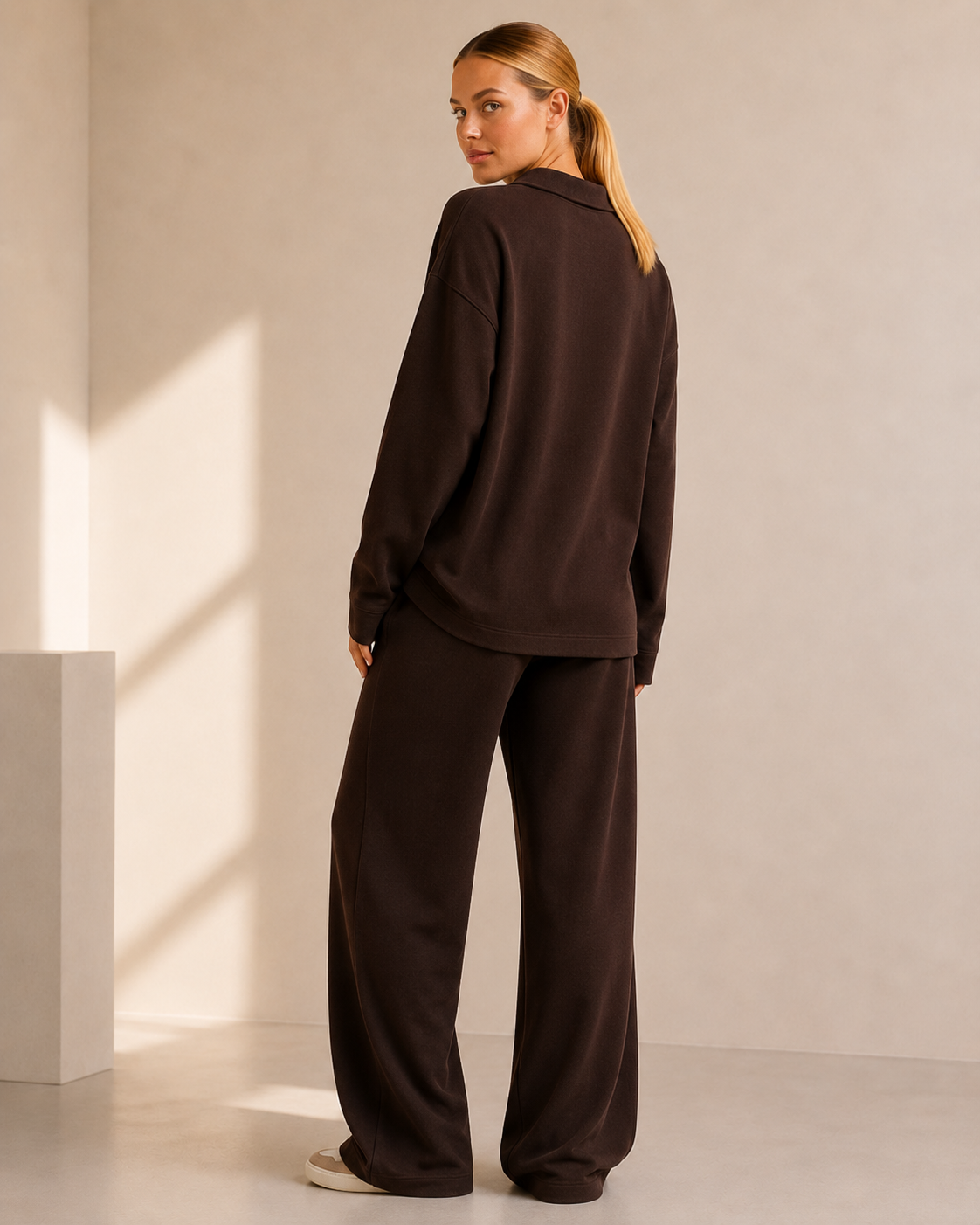 Khaki Stickad Matchande Set med Polokrage och Vida Byxor