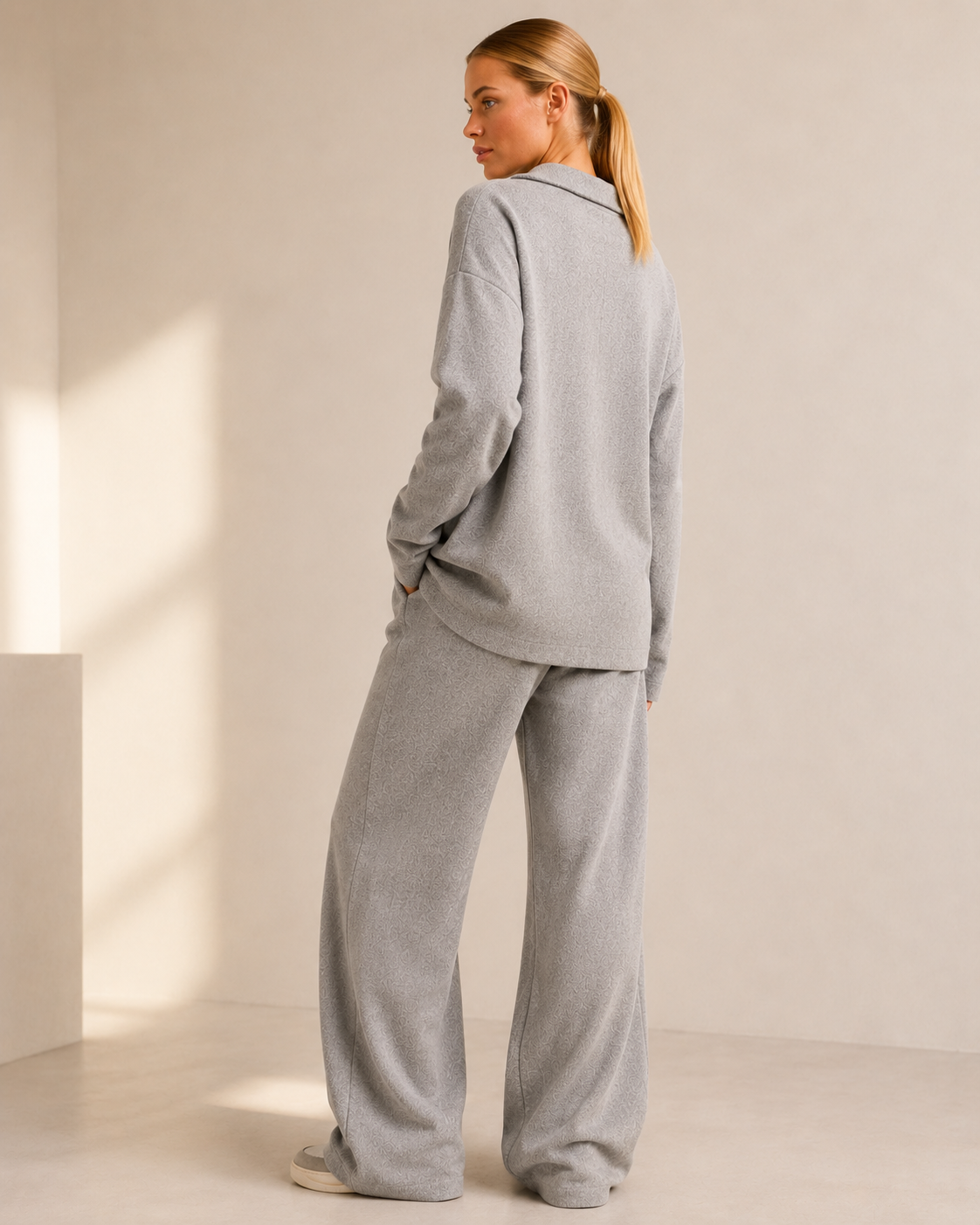 Khaki Stickad Matchande Set med Polokrage och Vida Byxor