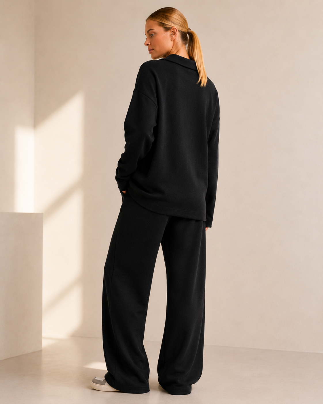 Khaki Stickad Matchande Set med Polokrage och Vida Byxor