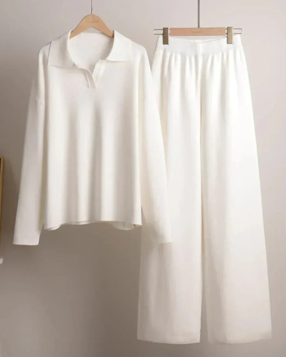 Khaki Stickad Matchande Set med Polokrage och Vida Byxor