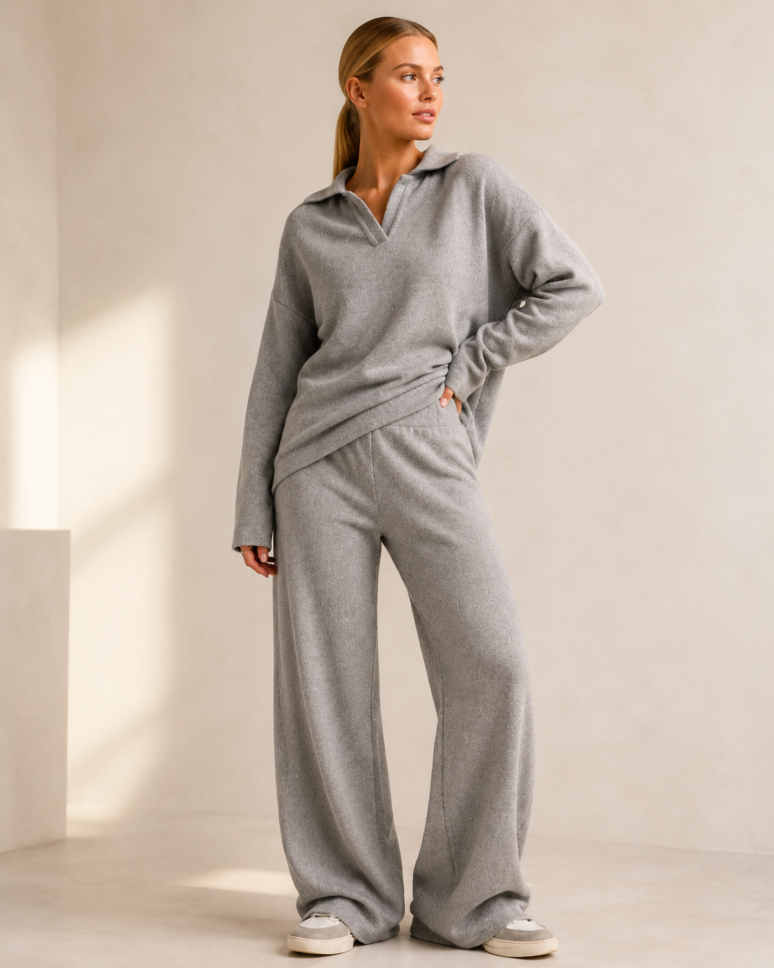 Khaki Stickad Matchande Set med Polokrage och Vida Byxor