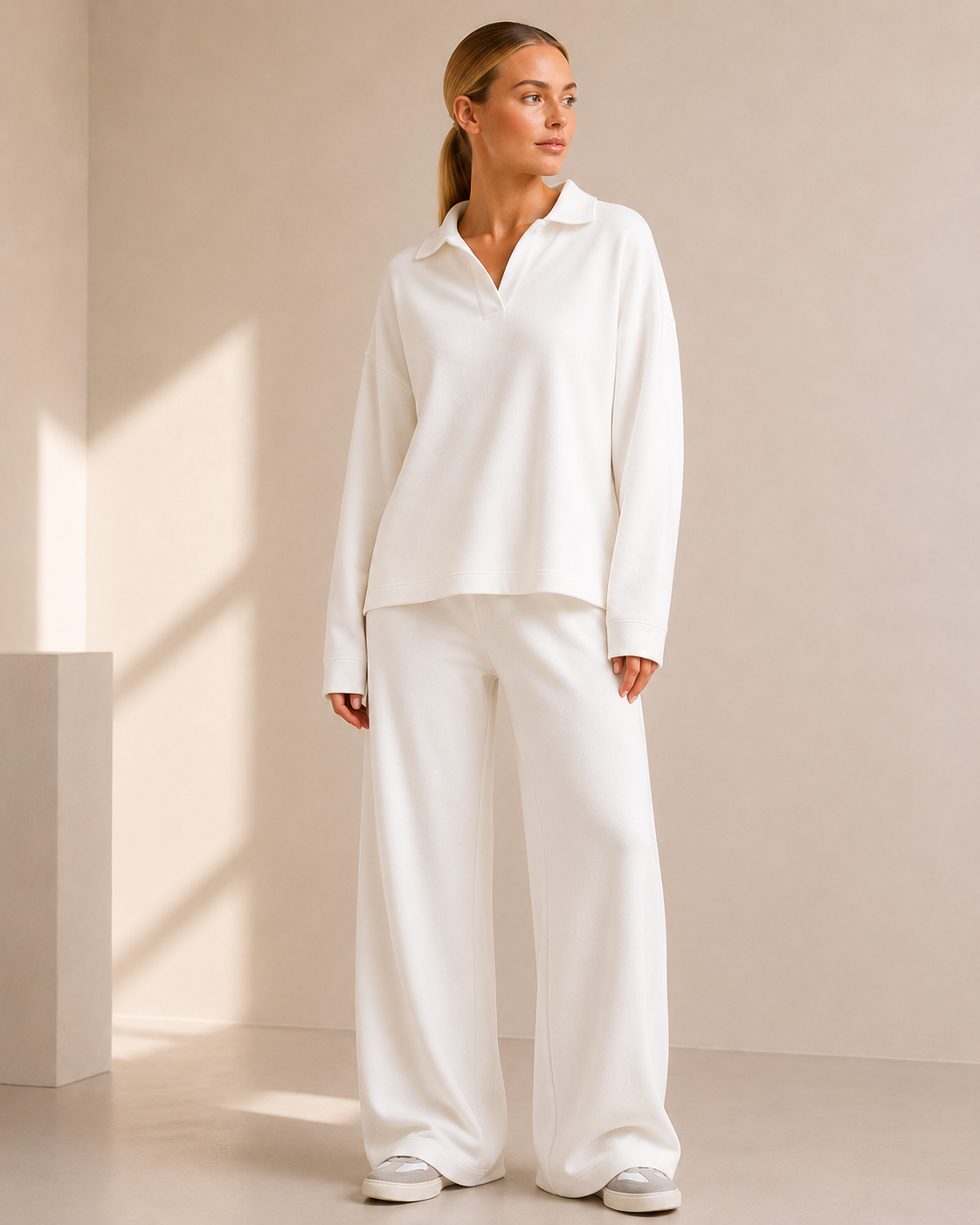 Khaki Stickad Matchande Set med Polokrage och Vida Byxor