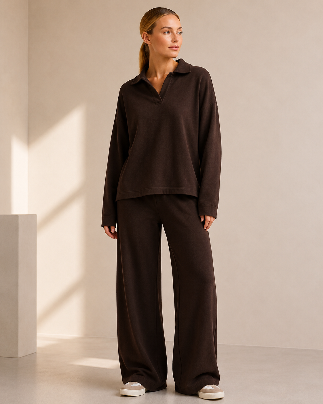 Khaki Stickad Matchande Set med Polokrage och Vida Byxor