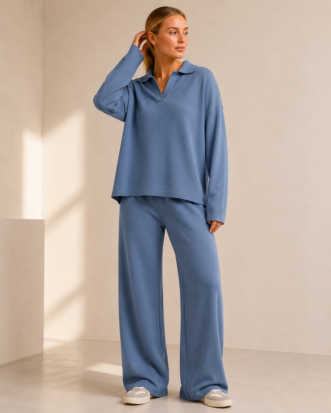 Khaki Stickad Matchande Set med Polokrage och Vida Byxor