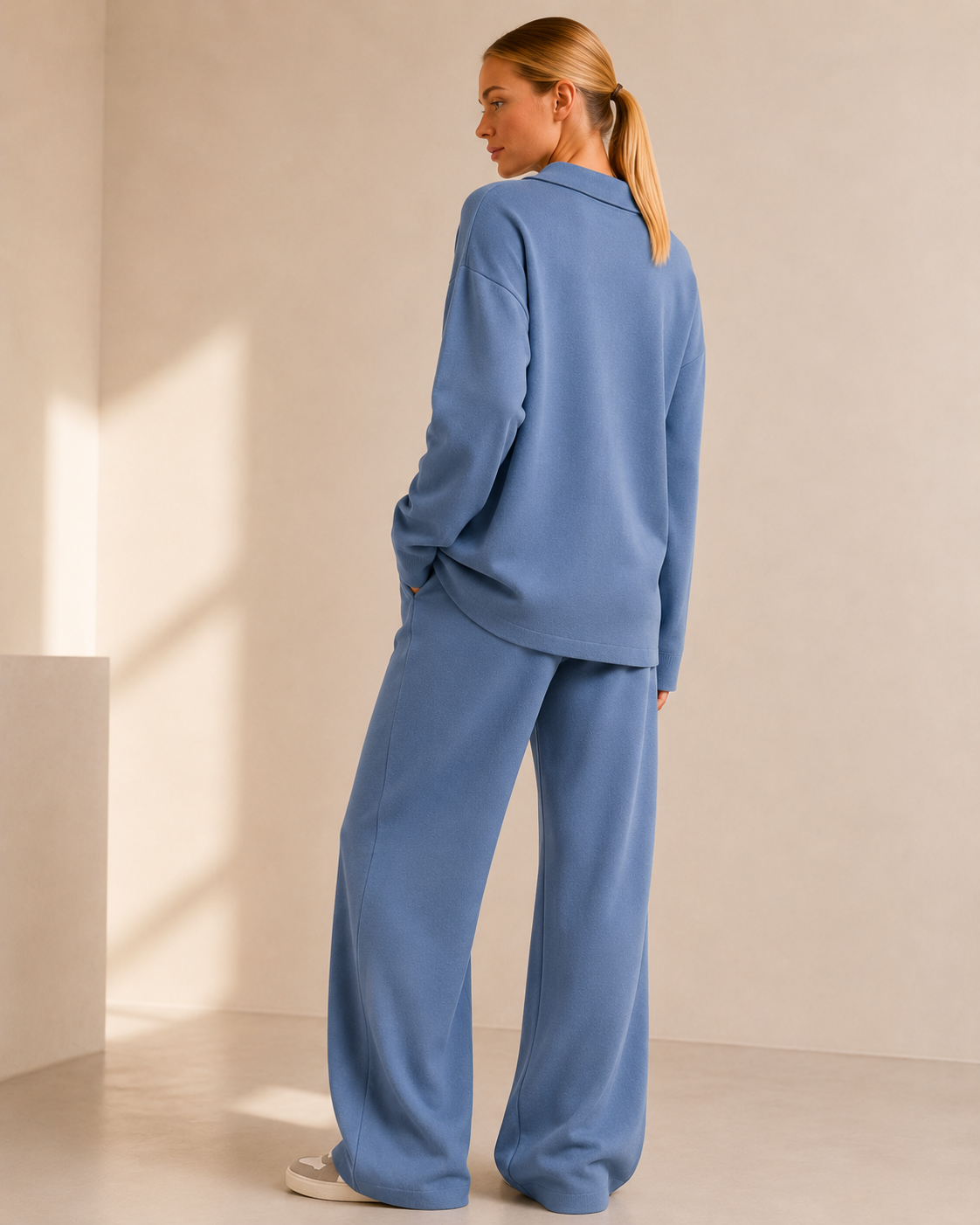 Khaki Stickad Matchande Set med Polokrage och Vida Byxor