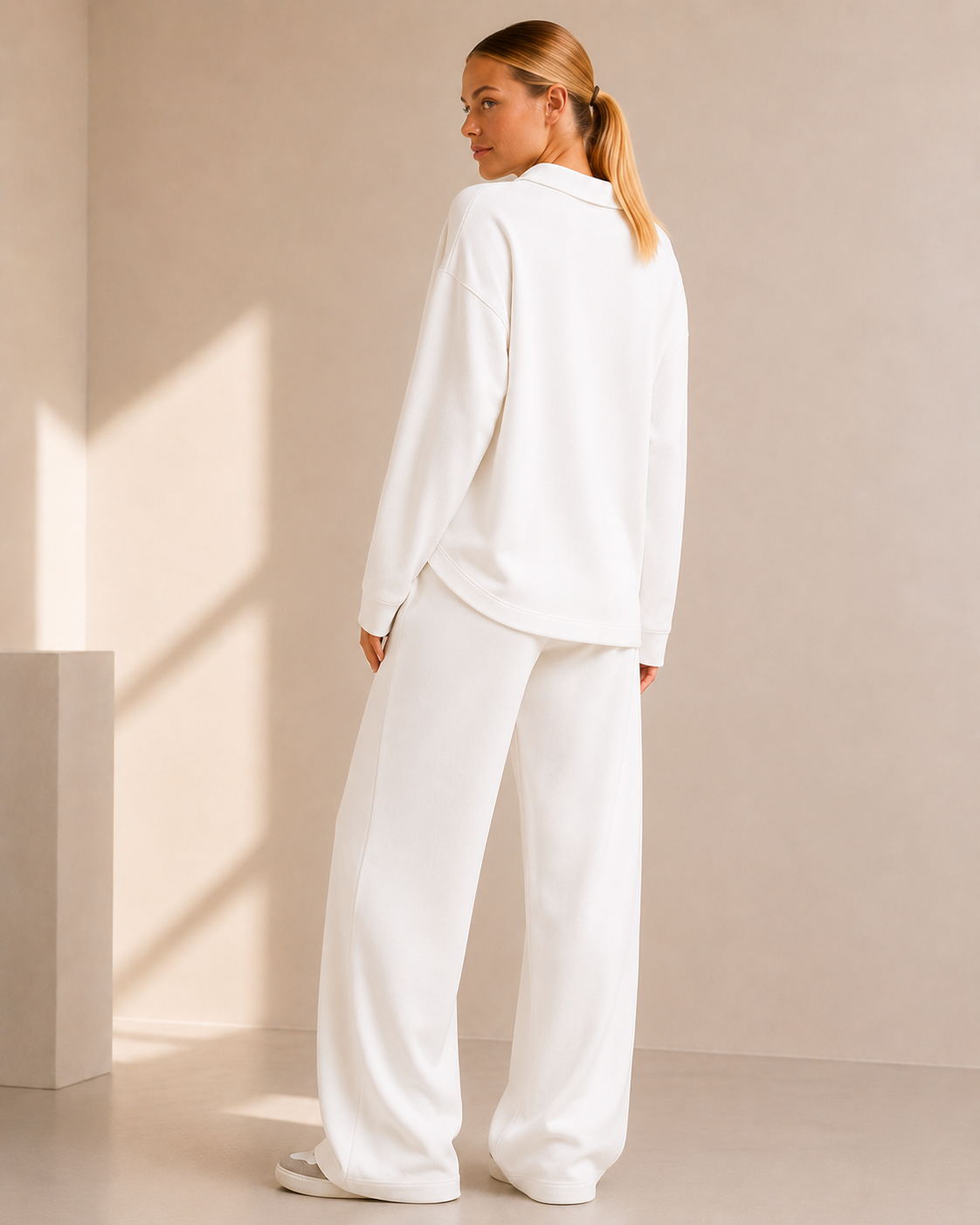 Khaki Stickad Matchande Set med Polokrage och Vida Byxor