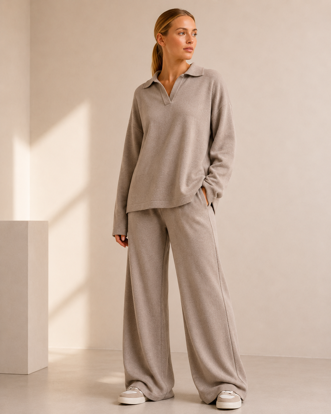 Khaki Stickad Matchande Set med Polokrage och Vida Byxor