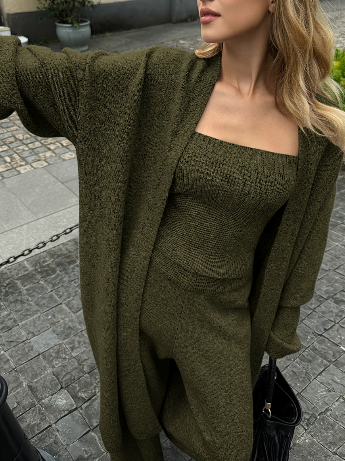 Khaki Stickat Matchande Set med Bustier, Kofta och Byxor