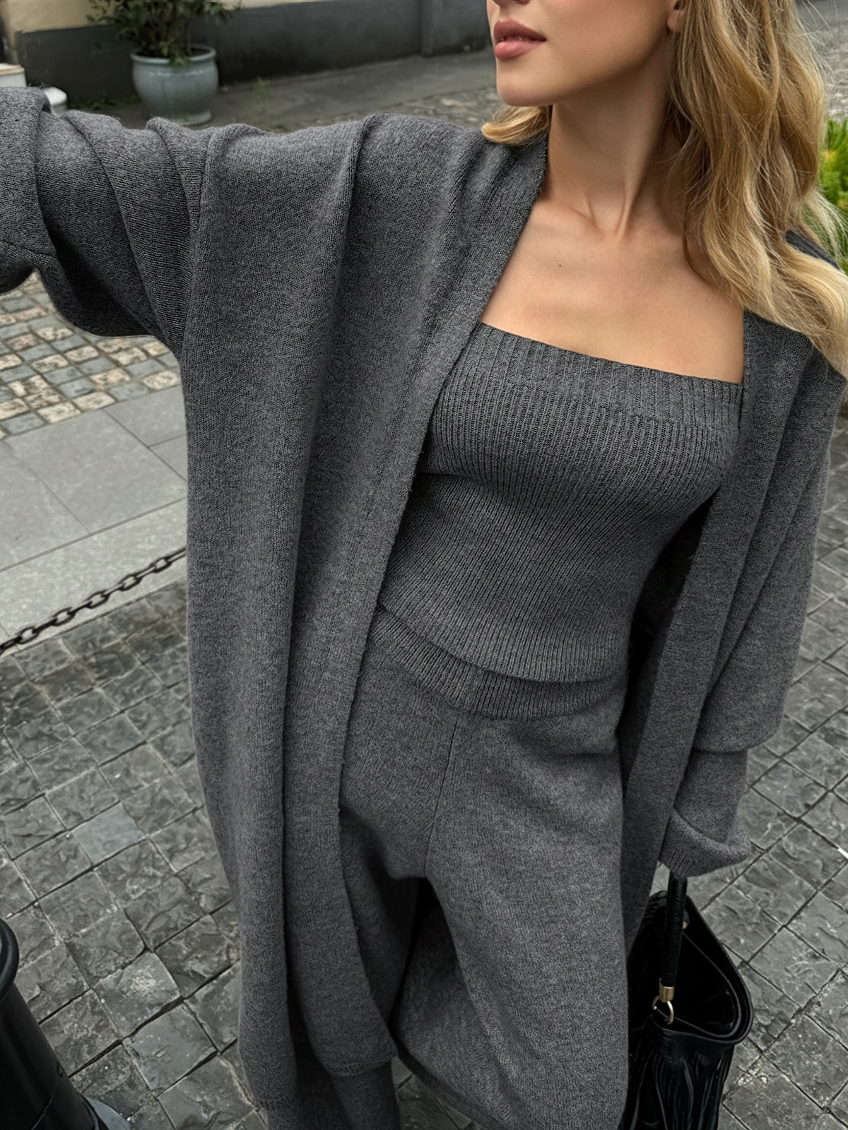 Khaki Stickat Matchande Set med Bustier, Kofta och Byxor