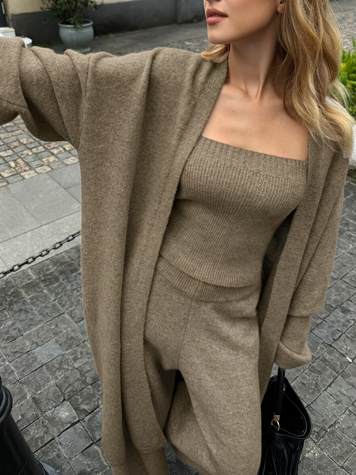 Khaki Stickat Matchande Set med Bustier, Kofta och Byxor