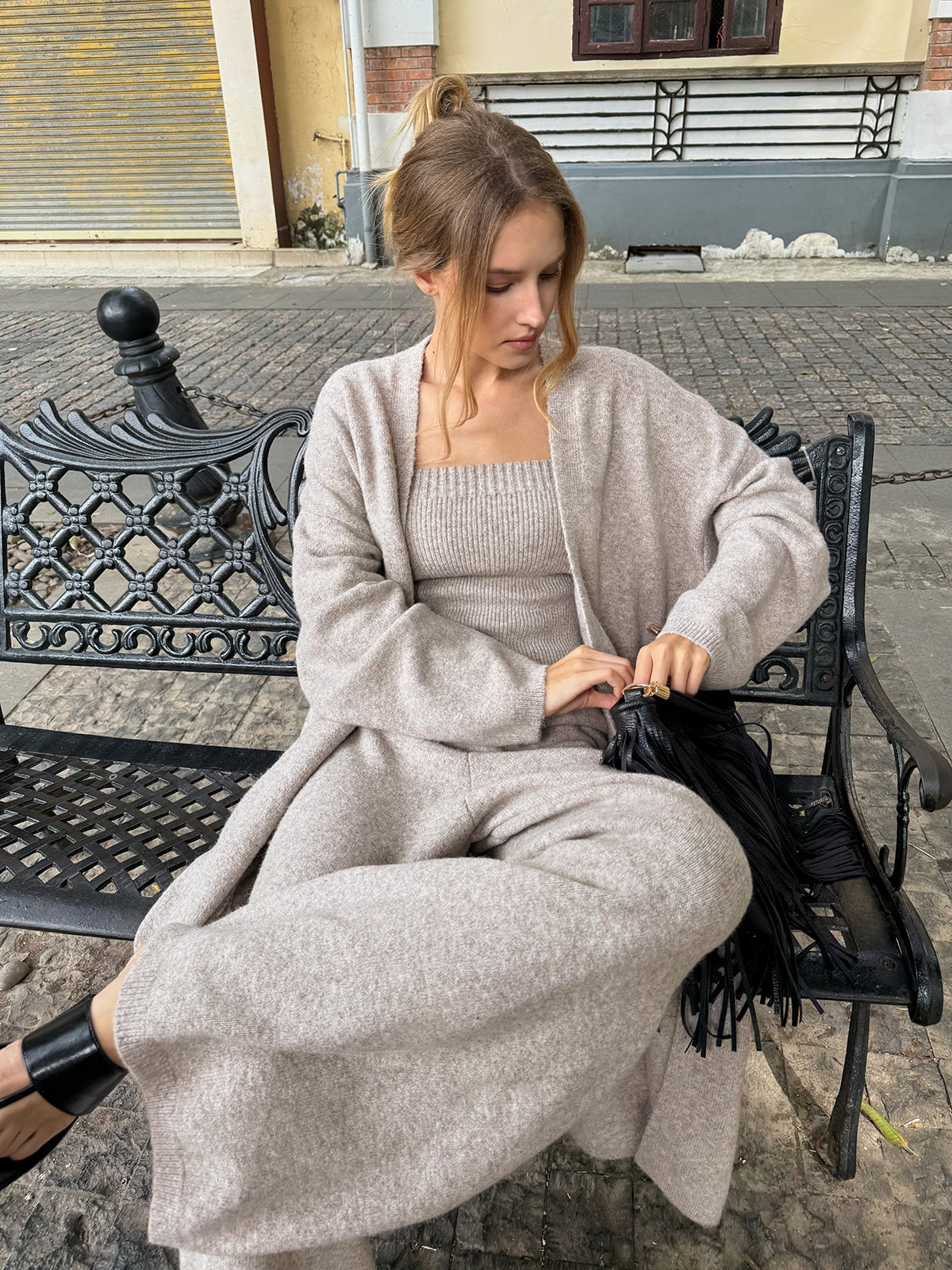 Khaki Stickat Matchande Set med Bustier, Kofta och Byxor