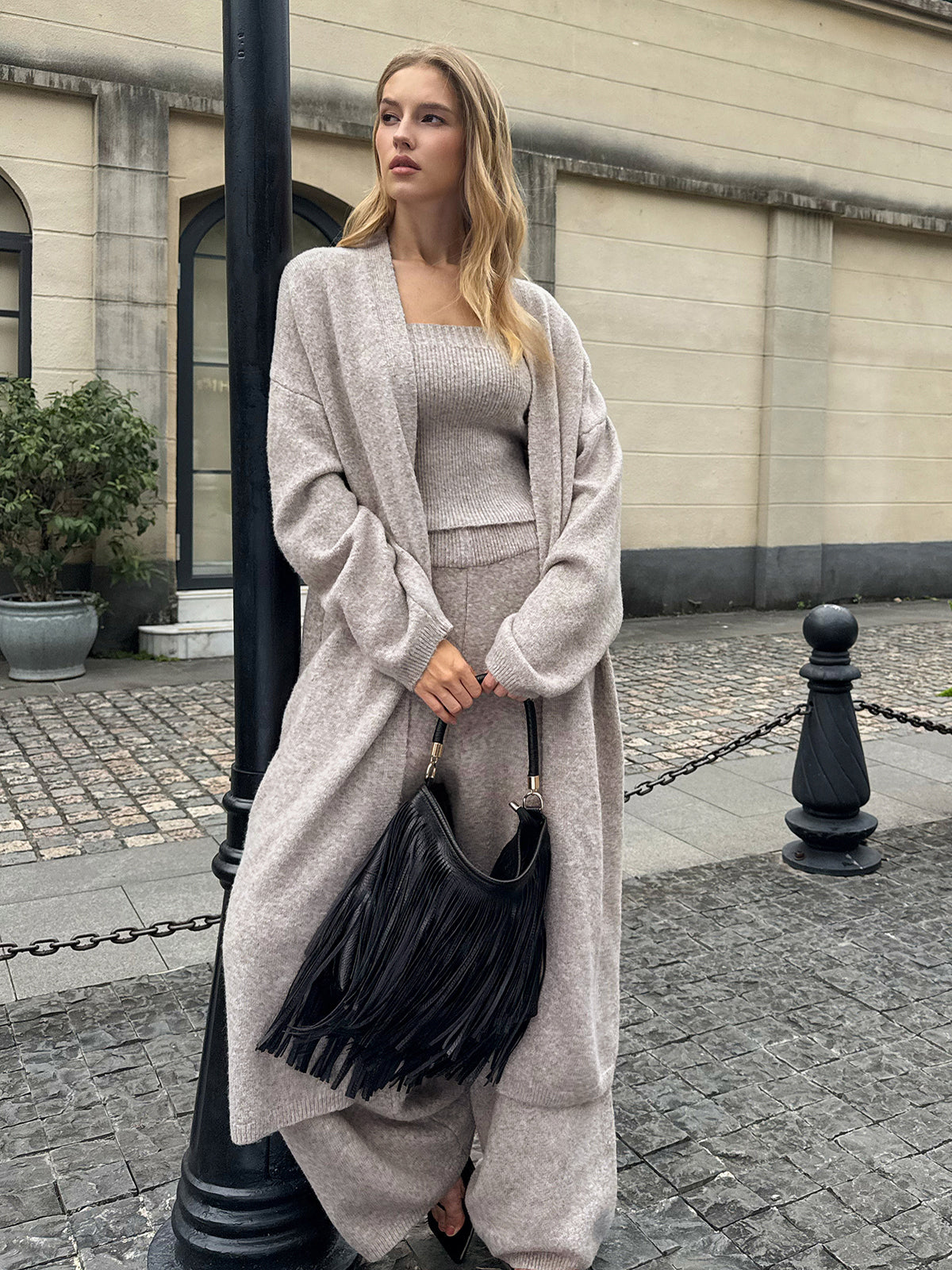 Khaki Stickat Matchande Set med Bustier, Kofta och Byxor
