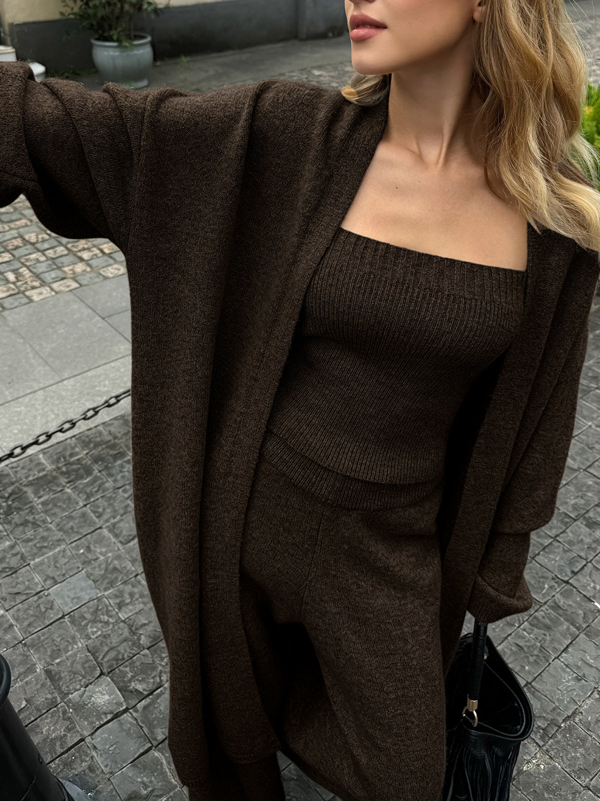 Khaki Stickat Matchande Set med Bustier, Kofta och Byxor