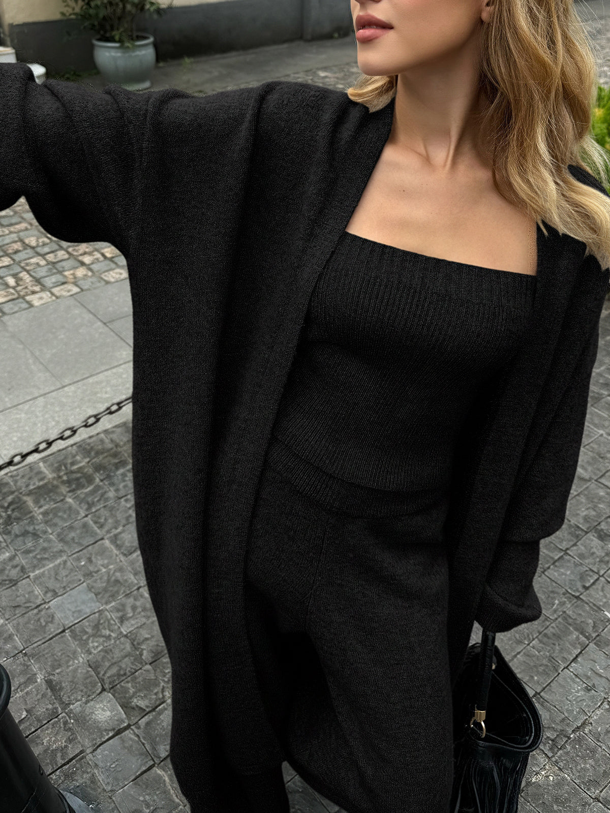 Khaki Stickat Matchande Set med Bustier, Kofta och Byxor