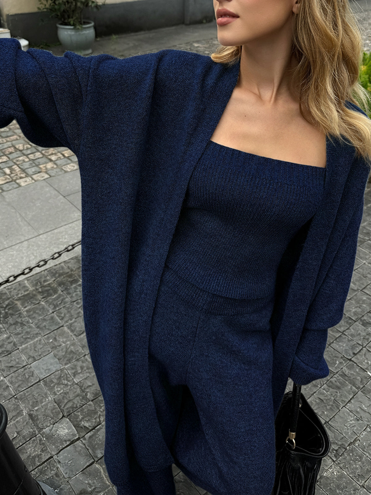 Khaki Stickat Matchande Set med Bustier, Kofta och Byxor