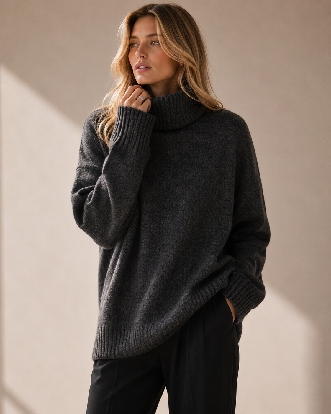 Lila Oversized Stickad Tröja med Polokrage