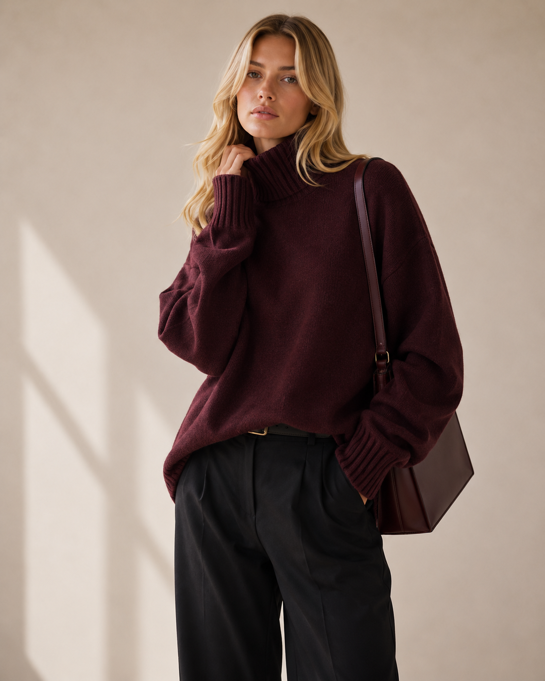 Lila Oversized Stickad Tröja med Polokrage