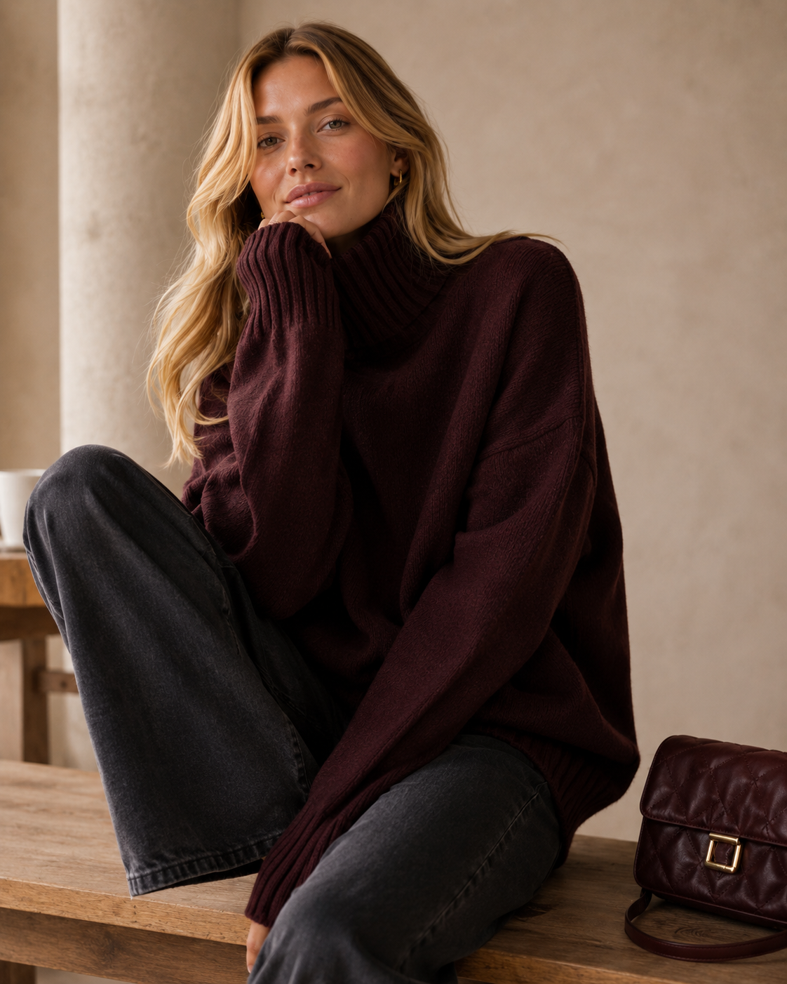 Lila Oversized Stickad Tröja med Polokrage