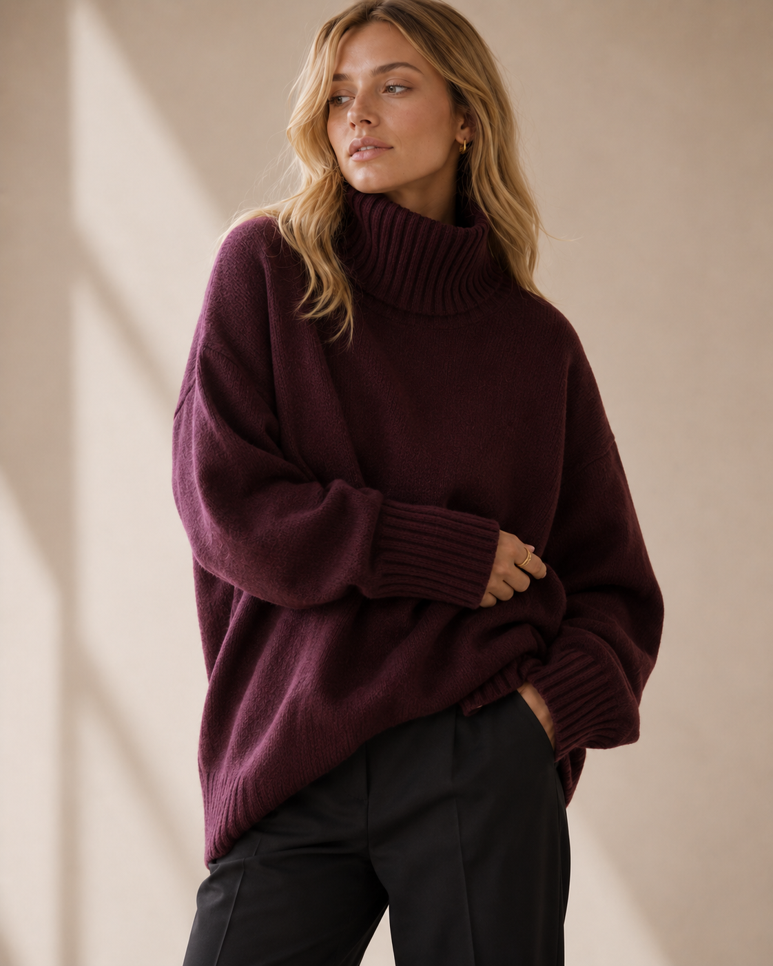 Lila Oversized Stickad Tröja med Polokrage