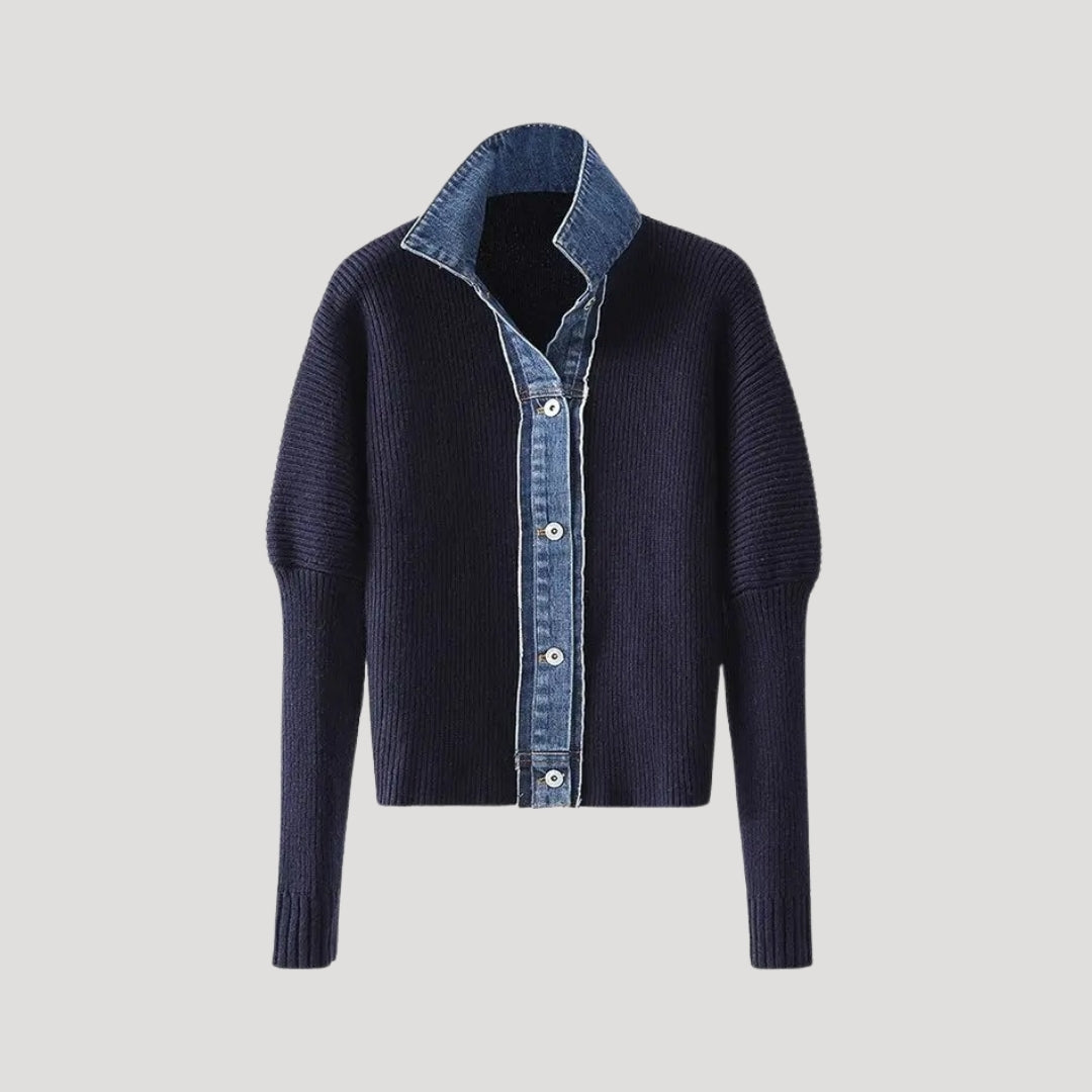 Marinblå Ribbad Kofta med Denimdetaljer