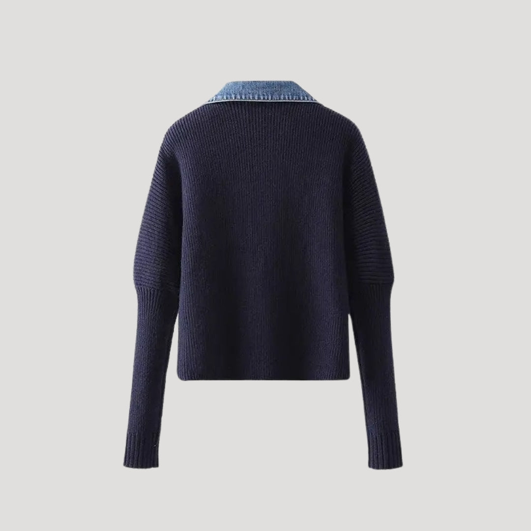 Marinblå Ribbad Kofta med Denimdetaljer