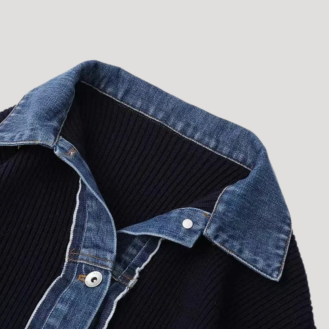 Marinblå Ribbad Kofta med Denimdetaljer