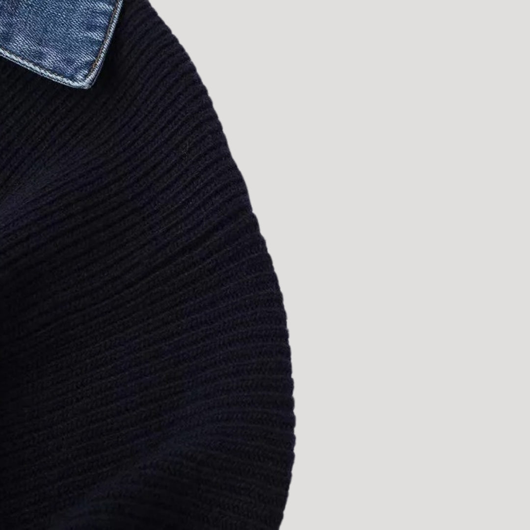 Marinblå Ribbad Kofta med Denimdetaljer