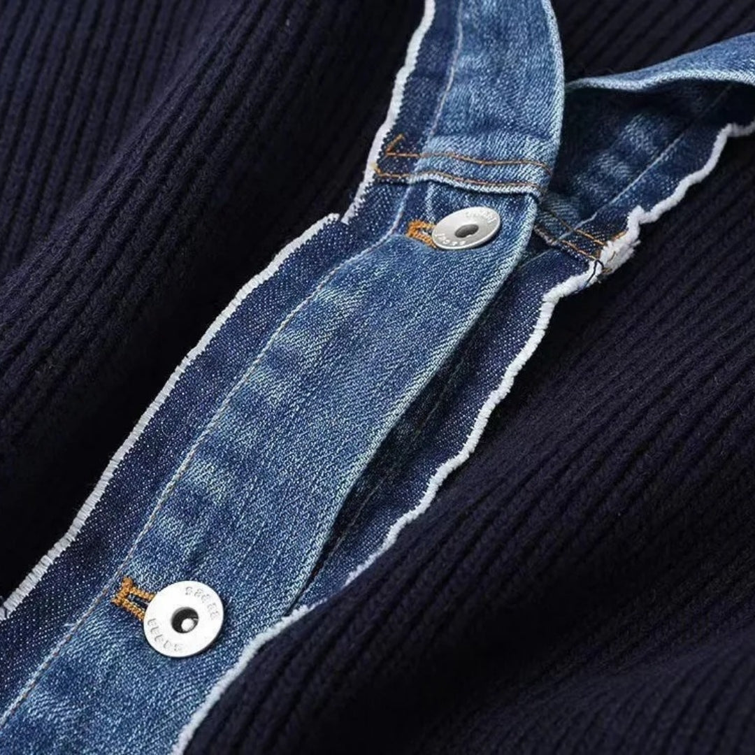 Marinblå Ribbad Kofta med Denimdetaljer