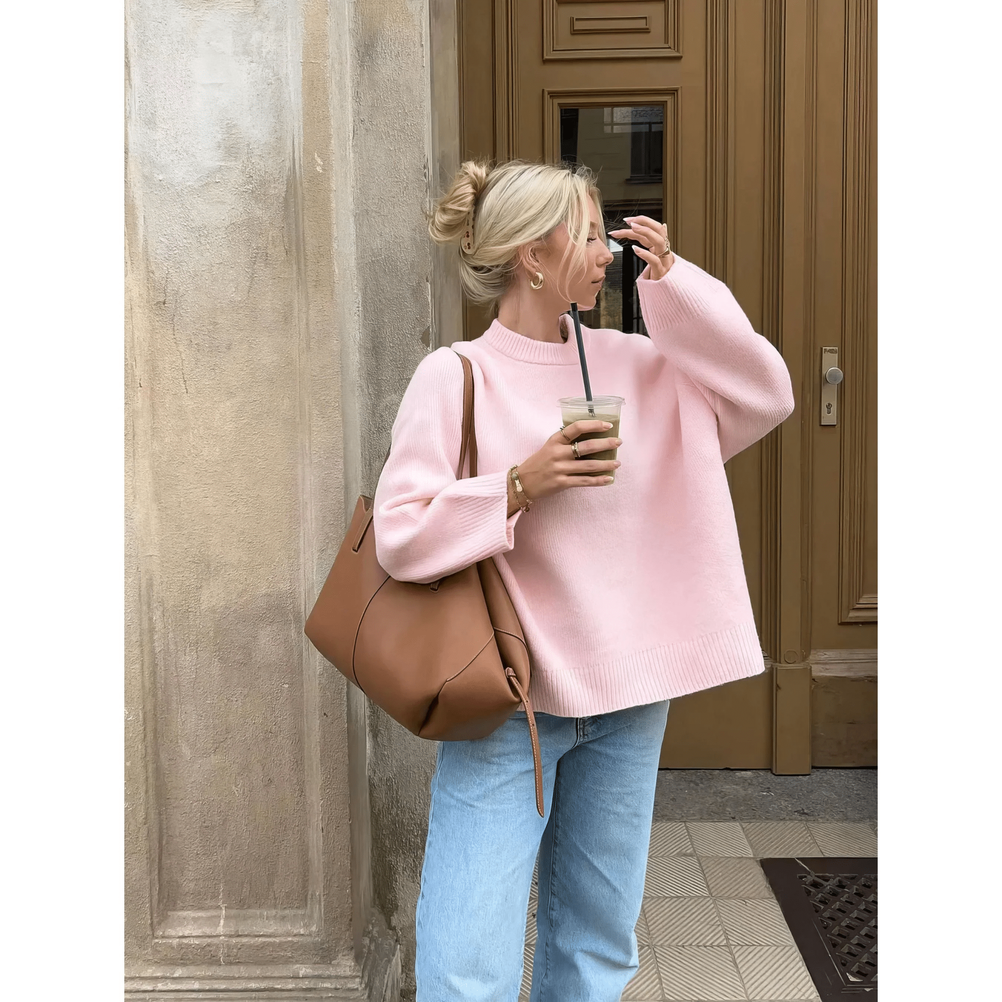 Rosa Grovstickad Tröja med Rund Hals